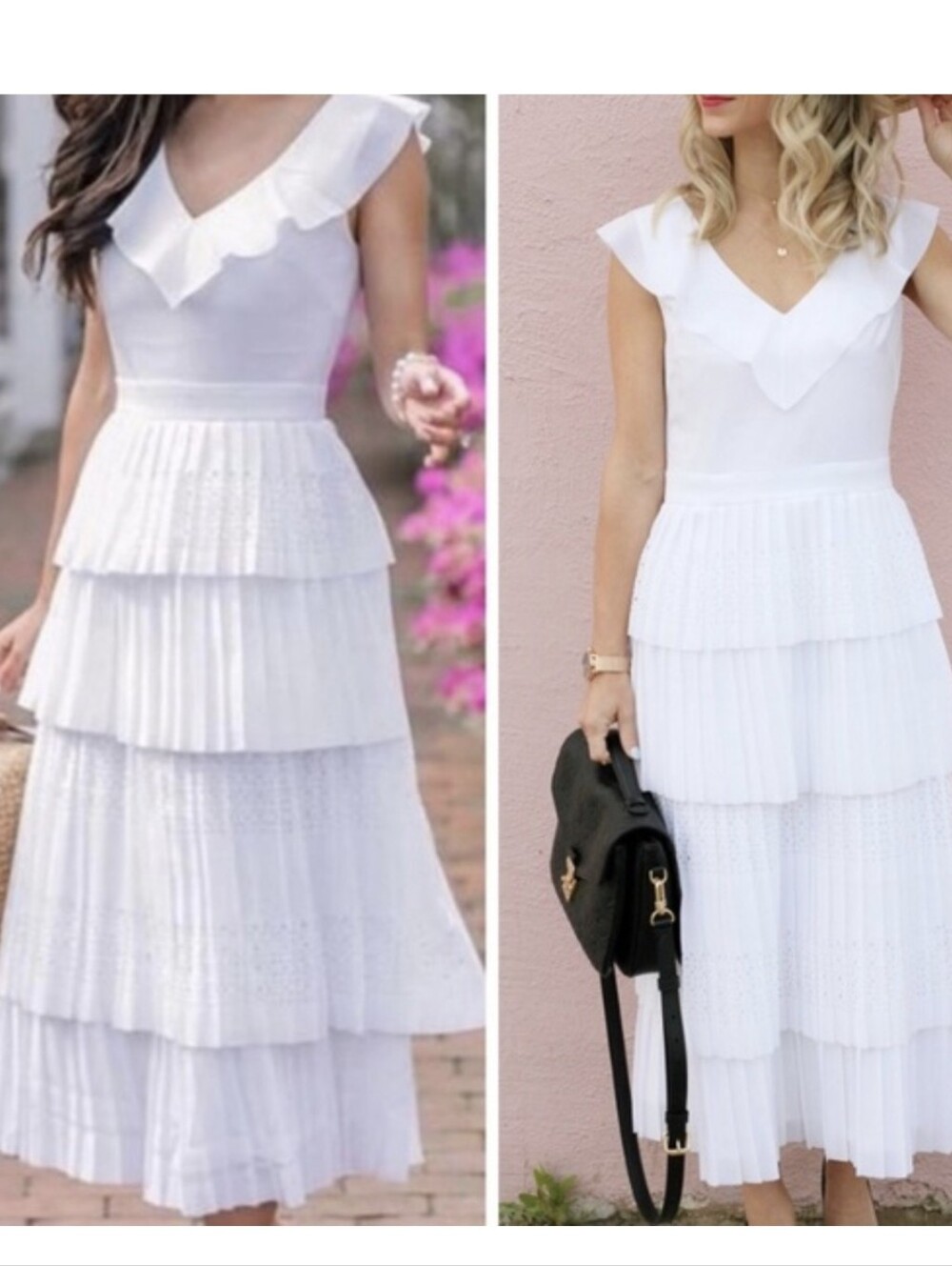 Banana Republic White Ruffle V-Neck Pleated Midi Dress